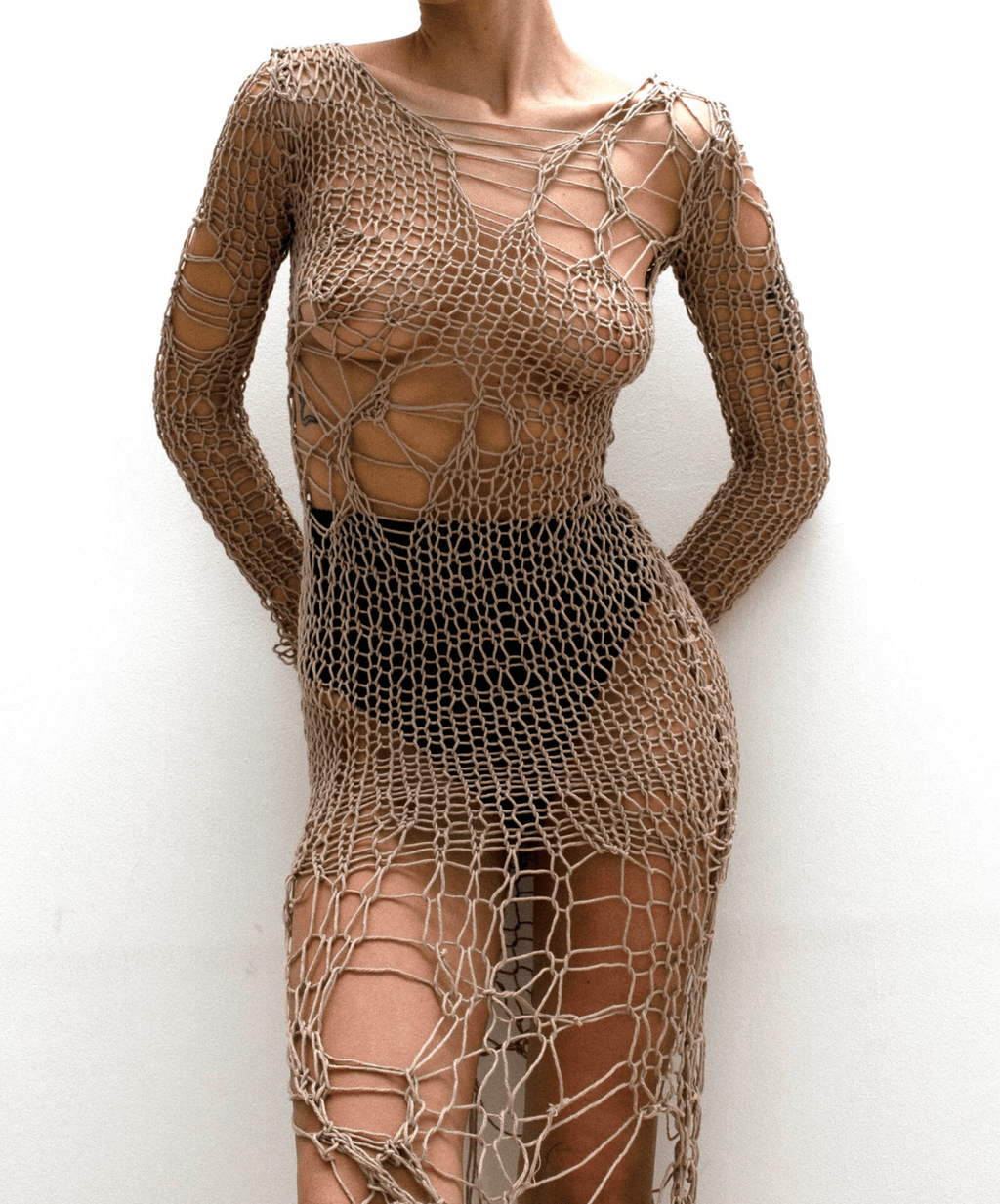 "Holey" Dress in Beige - Moveslowfast