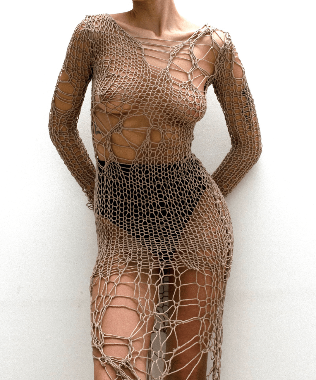 "Holey" Dress in Beige - Moveslowfast