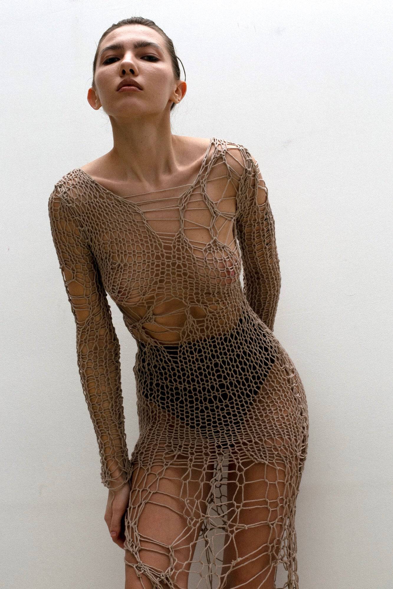 "Holey" Dress in Beige - Moveslowfast